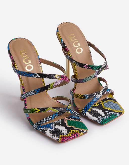 Ego Flaunting square toe heel mule sandals in multi snake