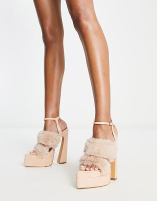  Get Ready With Me faux fur strap platform sandals in beige 