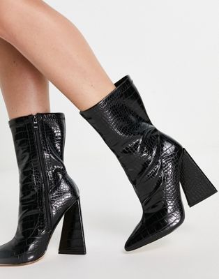 Global flare heel ankle boots in black croc