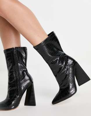 E-gó Ego Global Flare Heel Ankle Boots In Black Croc