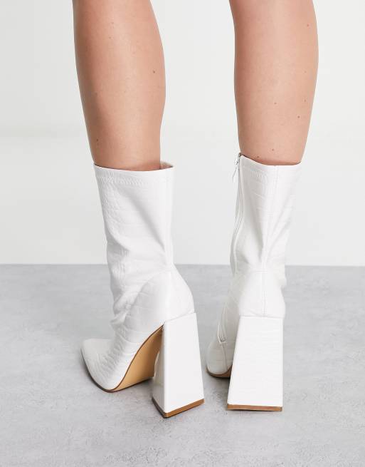 White Croc Block Heel Sock Boots