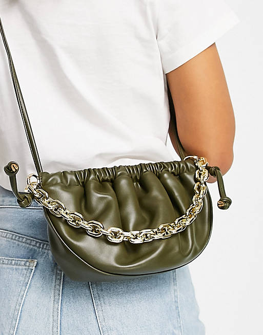 Ego half moon pouch cross body bag with chain in olive