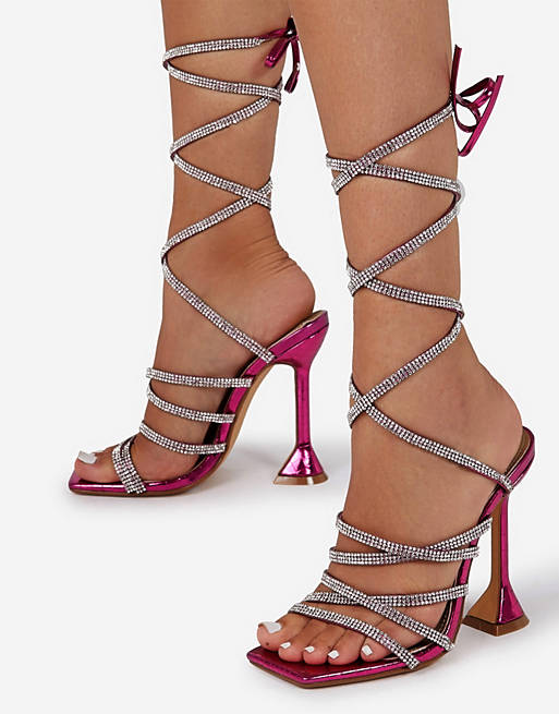Ego Hasta heeled sandals with diamante straps in pink metallic croc