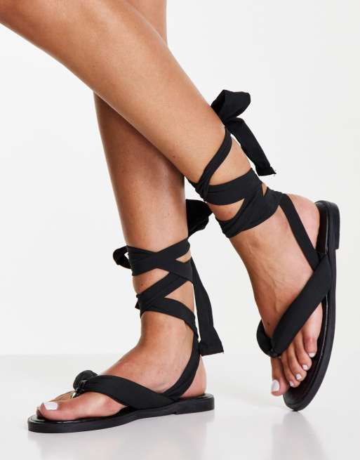 Ego Lets Roll flat sandals with ankle tie in black | ASOS