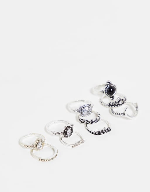 Ego moon and crystal celestial onyx pack of 14 rings in silver 