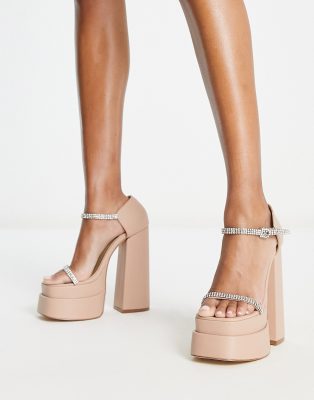 E-gó Ego Peggy Platform Heel Sandals With Embellished Straps In Beige-neutral