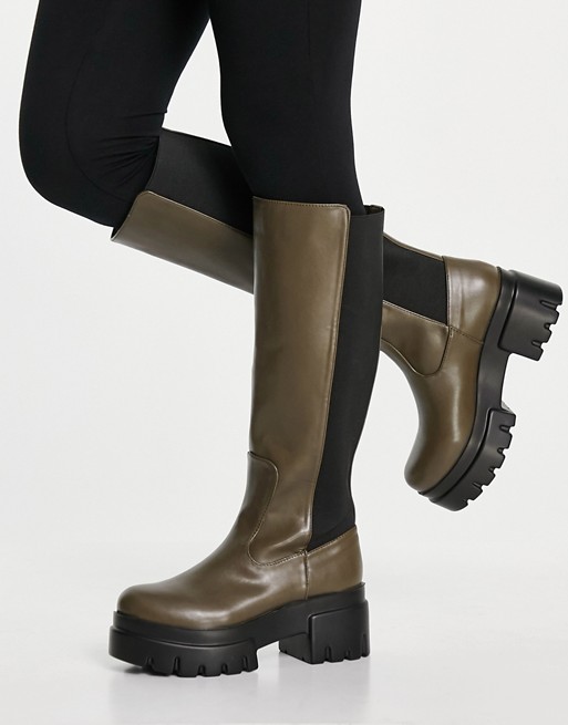 Ego Pulse pull up knee boots in khaki