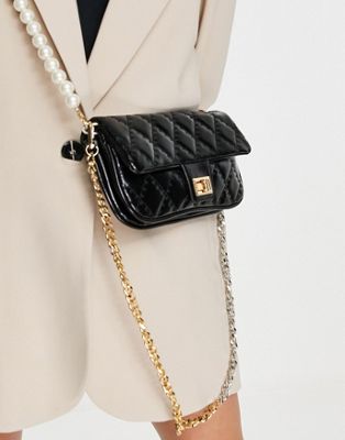 Ego quilted bag with pearl and chain strap in black