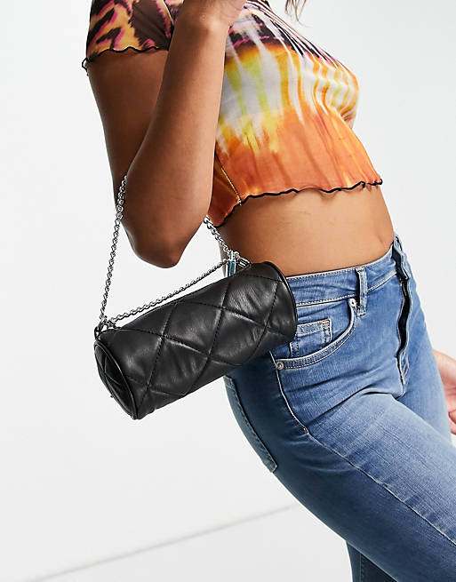 Ego quilted mini shoulder bag with padlock chain detail in black