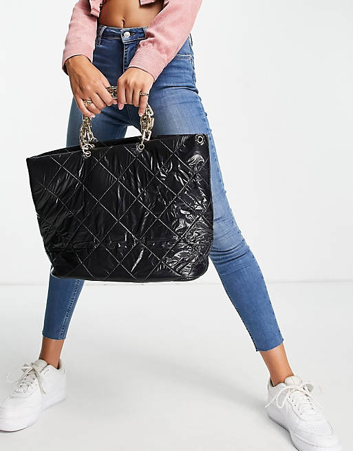  Ego quilted tote bag with chunky chain handle in black patent 