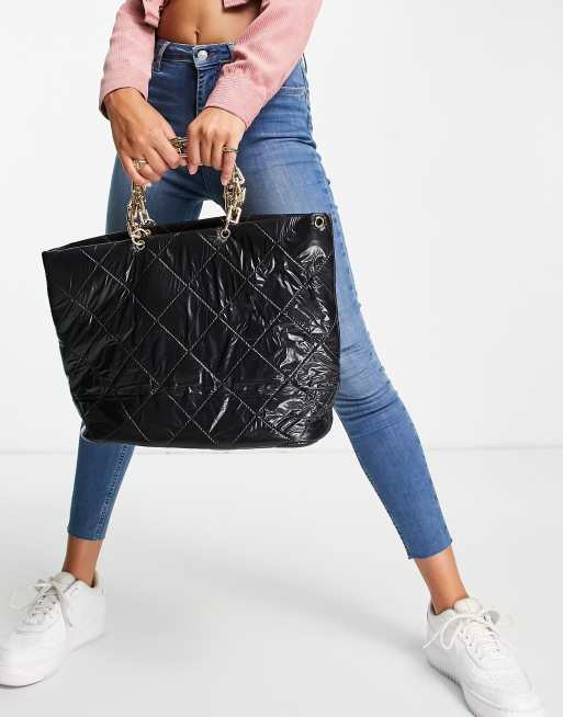 Ego quilted tote bag with chunky chain handle in black patent