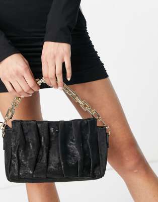 Ego ruched shoulder bag with chunky chain handle in black