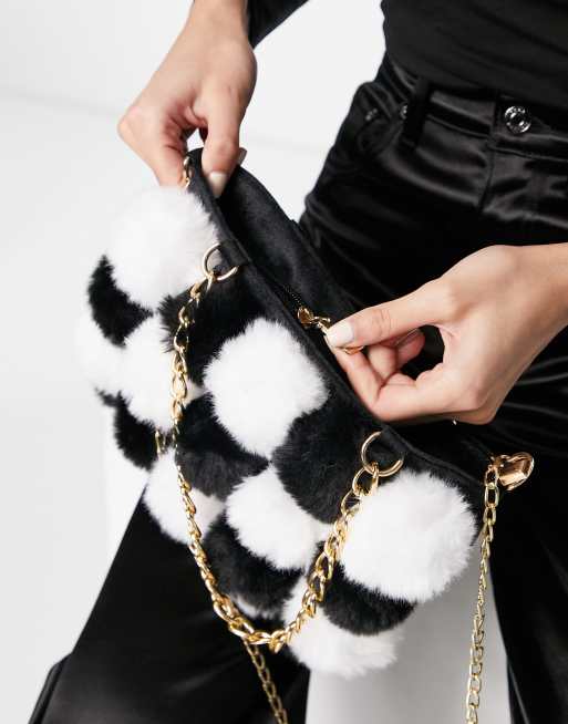 Sac Bandoulière Noir Avec Pompons Fausse Fourrure Et Breloque Feuille - Style Corée, Moyen, Neuf