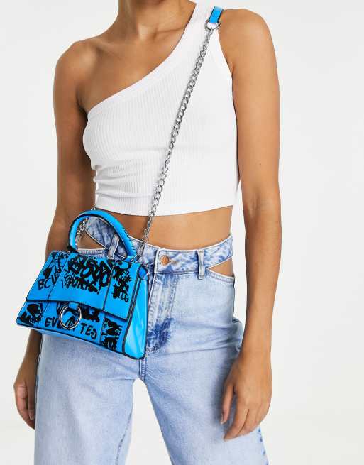 Ego - Sac porté épaule à imprimé graffiti et bandoulière chaîne - Bleu, 2 de 4