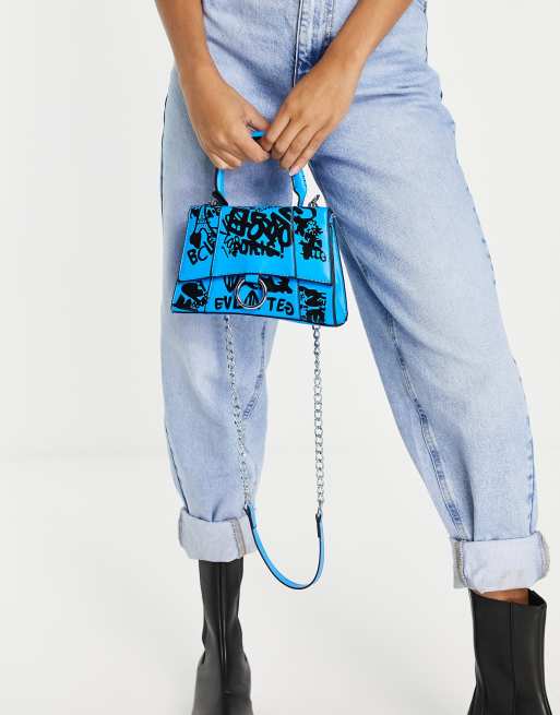 Ego - Sac porté épaule à imprimé graffiti et bandoulière chaîne - Bleu, 3 de 4