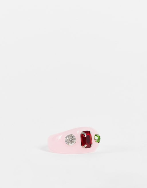 EGO - Set - Anello spesso in resina rosa con gemme
