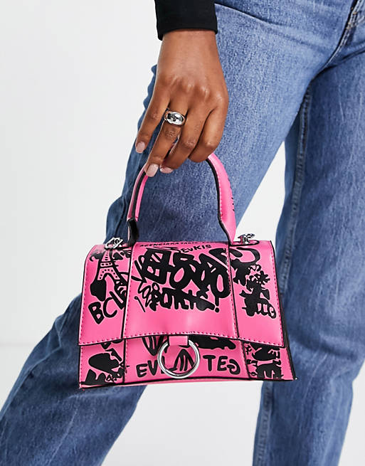 Ego shoulder bag with graffiti print and chain strap in pink