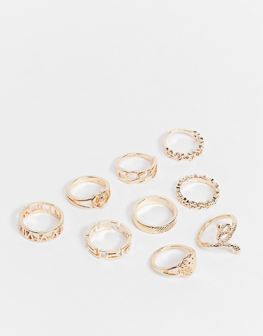 Ego stacking ring multipack in mixed designs in gold