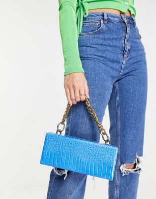 Ego x Jess Hunt box bag with chunky chain strap in blue croc