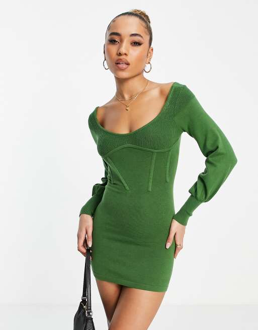 Ego x Jess Hunt – Minikleid in Olivgrün mit voluminösen Ärmeln und Rückenausschnitt