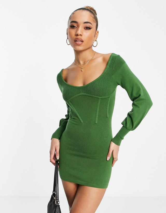 Ego x Jess Hunt volume sleeve open back mini dress in olive