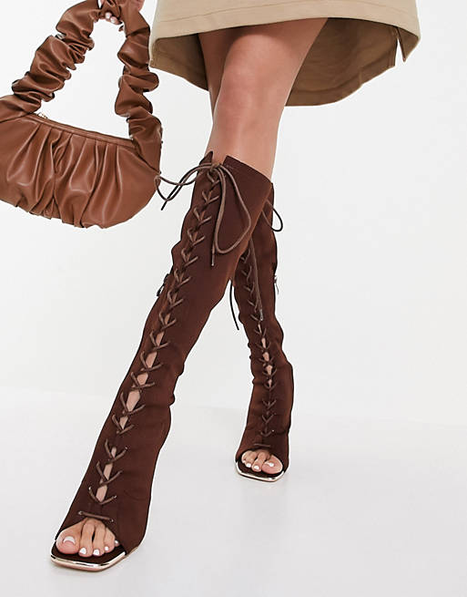 Ego x Maura Embers knee high lace up heel boots in brown