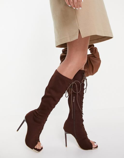 Open toe lace up knee best sale high boots