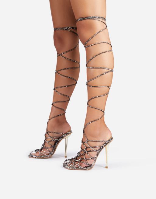 Ego x Molly-Mae Showoff wrap around heeled sandals in beige snake, 3 of 4