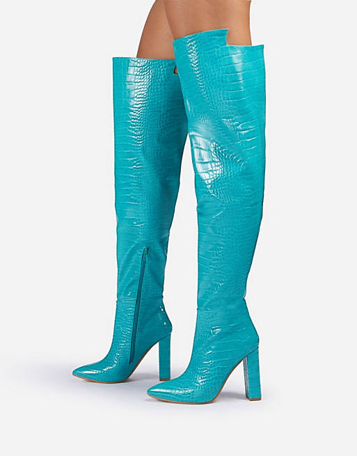 Ego x Molly-Mae Visionary slouch over the knee boots in blue croc