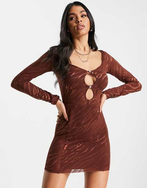 Ei8th Hour - Bodycon mini-jurk met uitsnijdingen en lange mouwen in bruine zebraprint
