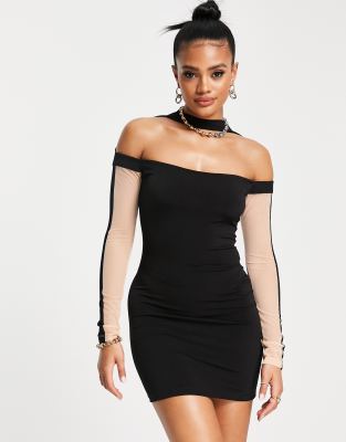 black choker detail bardot bodycon dress