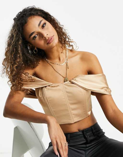 Ei8th Hour - Crop top met gedrapeerde schouder met strikdetail van goudkleurig satijn