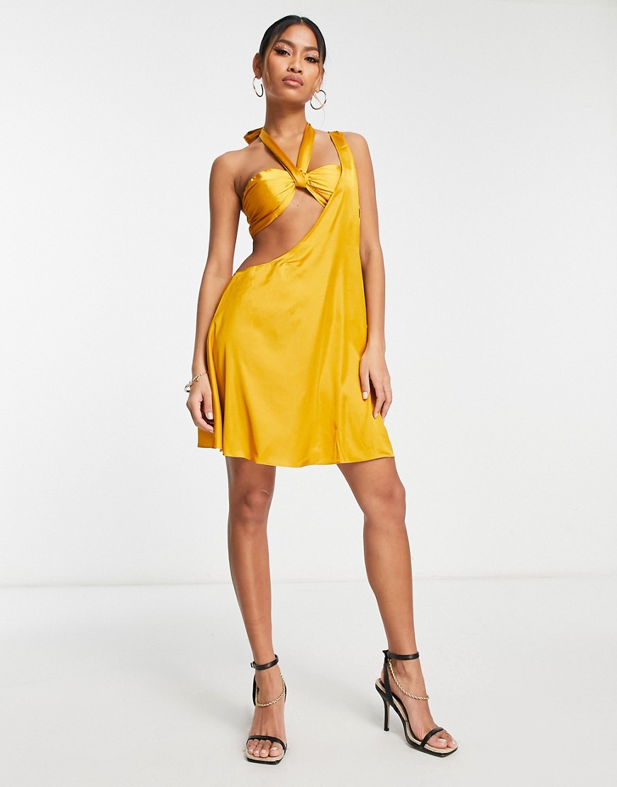 Ei8th Hour cut out draped satin mini dress in chartreuse mustard-Yellow