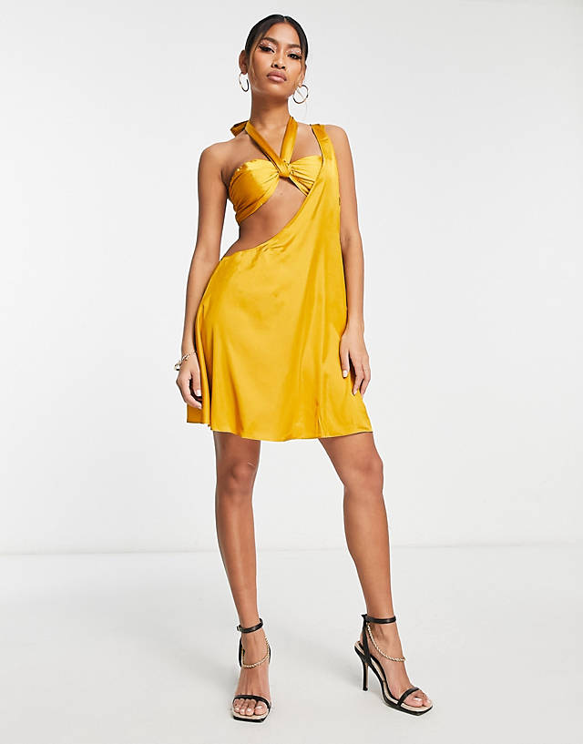 EI8TH HOUR - cut out draped satin mini dress in chartreuse mustard
