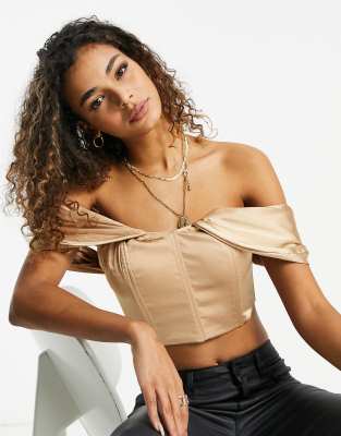 Ei8th Hour draped shoulder crop top with bow detail in gold satin