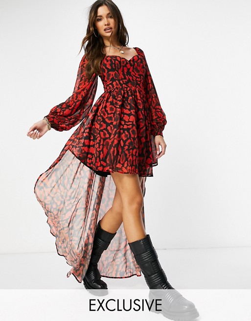 Ei8th Hour exclusive balloon sleeve high low dress in contrast leopard