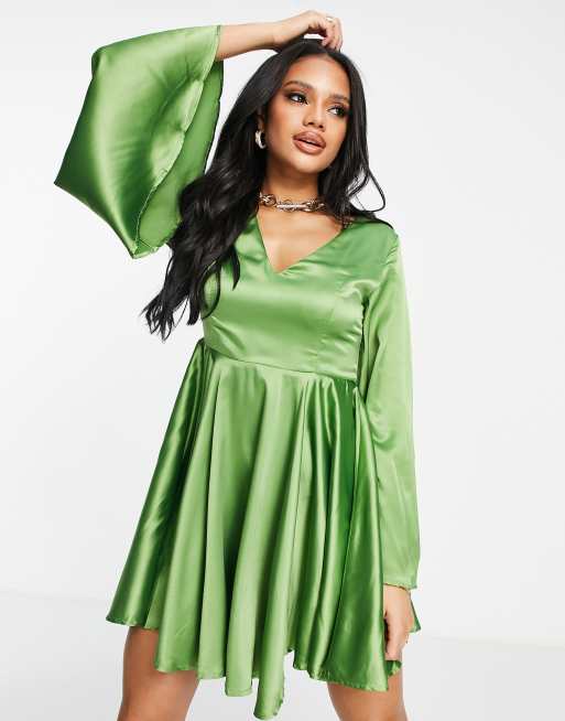 Green satin 2025 skater dress