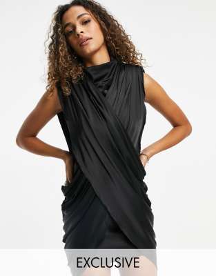 Ei8th Hour high neck draped satin mini dress in black