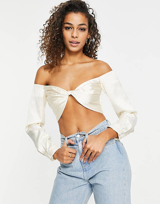 Ei8th Hour long sleeve satin crop top with twist front in ivory