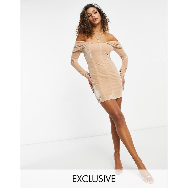 Gold metallic plisse ruched front bardot bodycon clearance dress