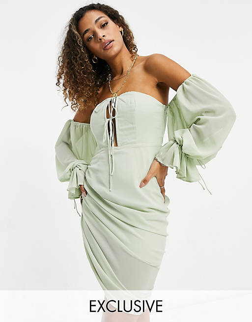  Ei8th Hour off shoulder mini dress with tie detail in sage green 