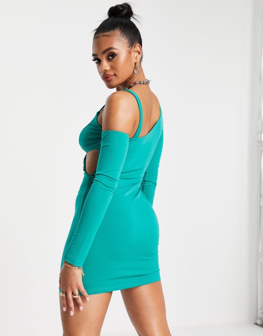 Ei8th Hour one shoulder cut out waist mini dress in teal, 2 of 4