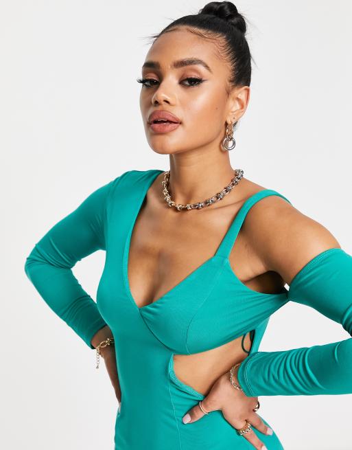 Ei8th Hour one shoulder cut out waist mini dress in teal, 3 of 4