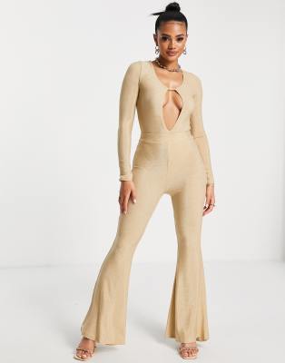 Ei8th Hour - Pantaloni a zampa a vita alta color oro glitterato in coordinato