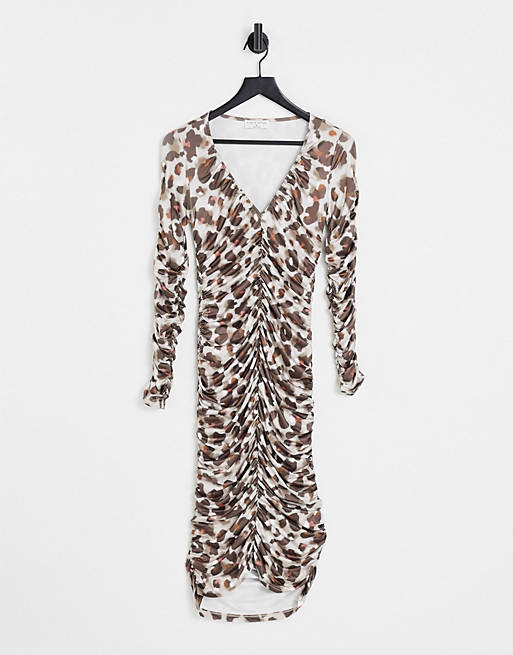 Ei8th Hour plunge front ruched midi dress in brown animal print