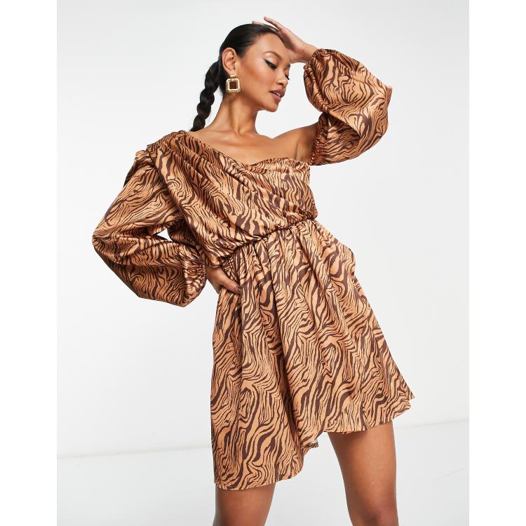 Ei8th Hour printed satin ruched mini dress in chocolate zebra print