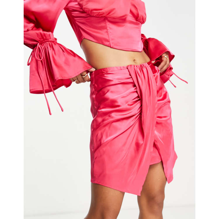 Hot pink satin 2025 asymmetric tie detail skirt