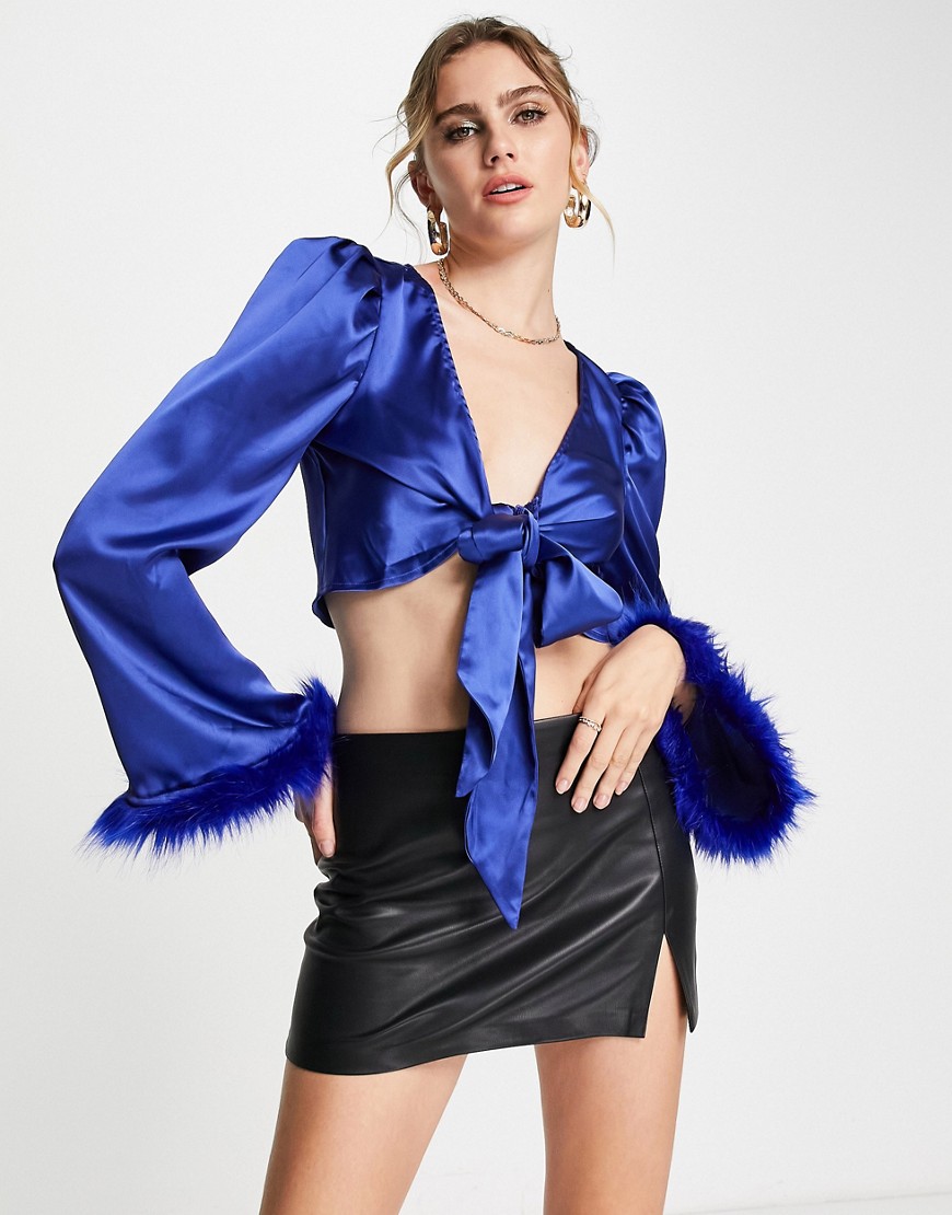 Ei8th Hour satin crop top with faux feather trim blue