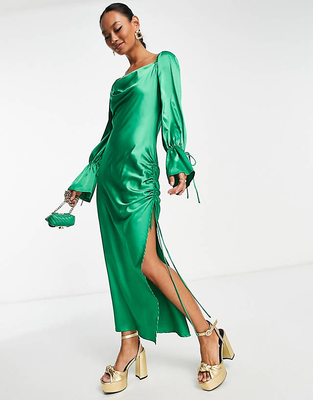 EI8TH HOUR - satin draped spilt side midi dress in green