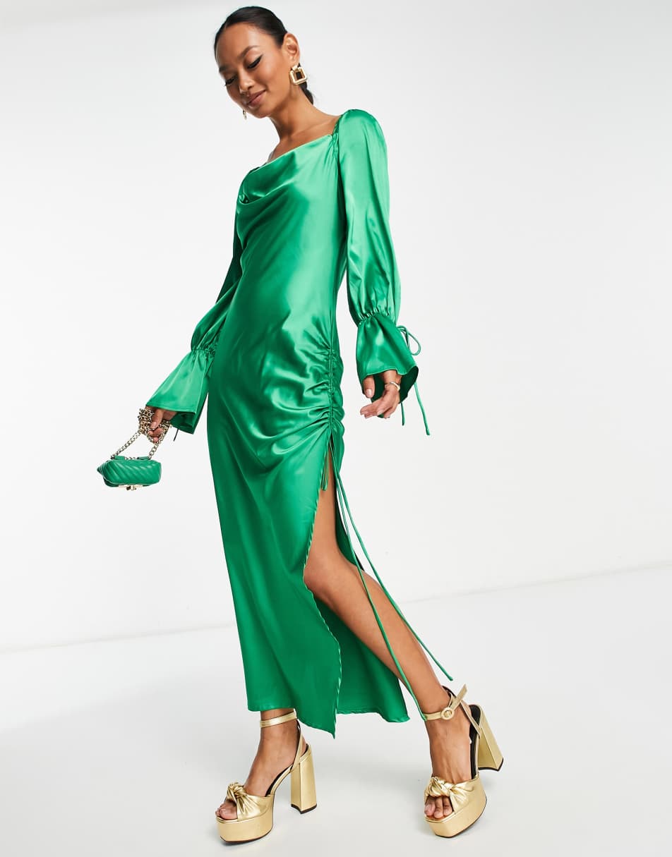 Ei8th Hour satin draped spilt side midi dress in green